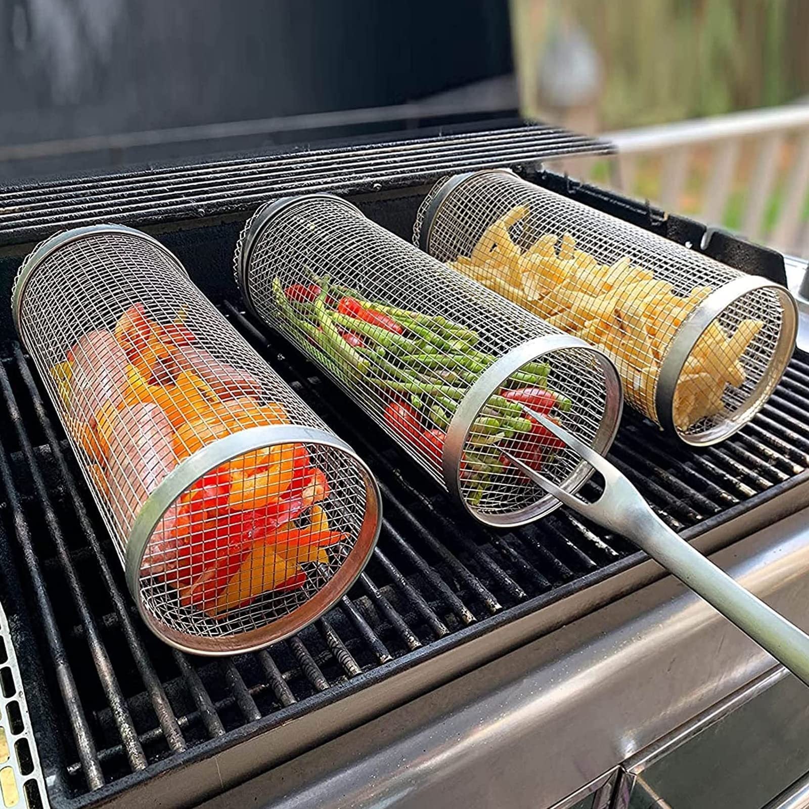Panier de cuisson rotatif en métal – BBQ portable pour camping et cuisine extérieure