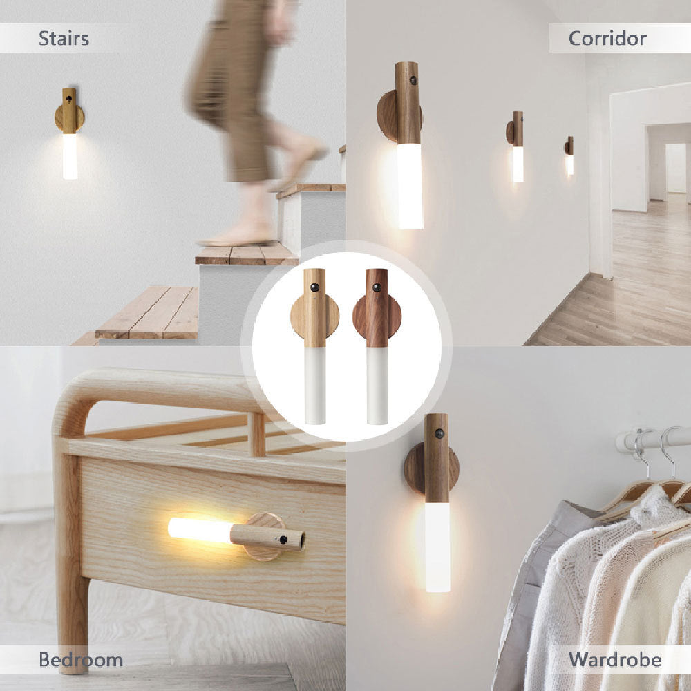 Lampe LED de Nuit avec Capteur de Mouvement – Recharge USB, Bois Élégant, Installation Magnétique