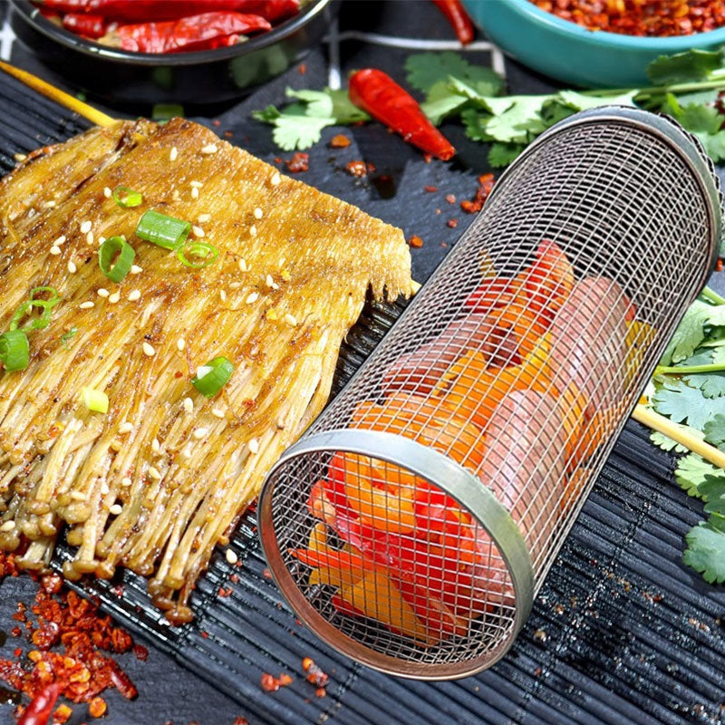 Panier de cuisson rotatif en métal – BBQ portable pour camping et cuisine extérieure